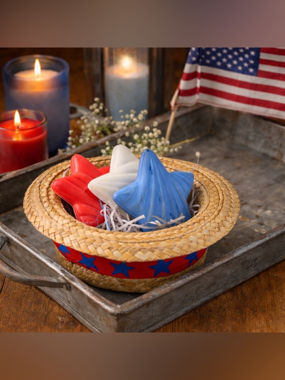 Avon Star Spangled Soap Set Patriotic Red White Blue Straw Hat Decor Gift NIB